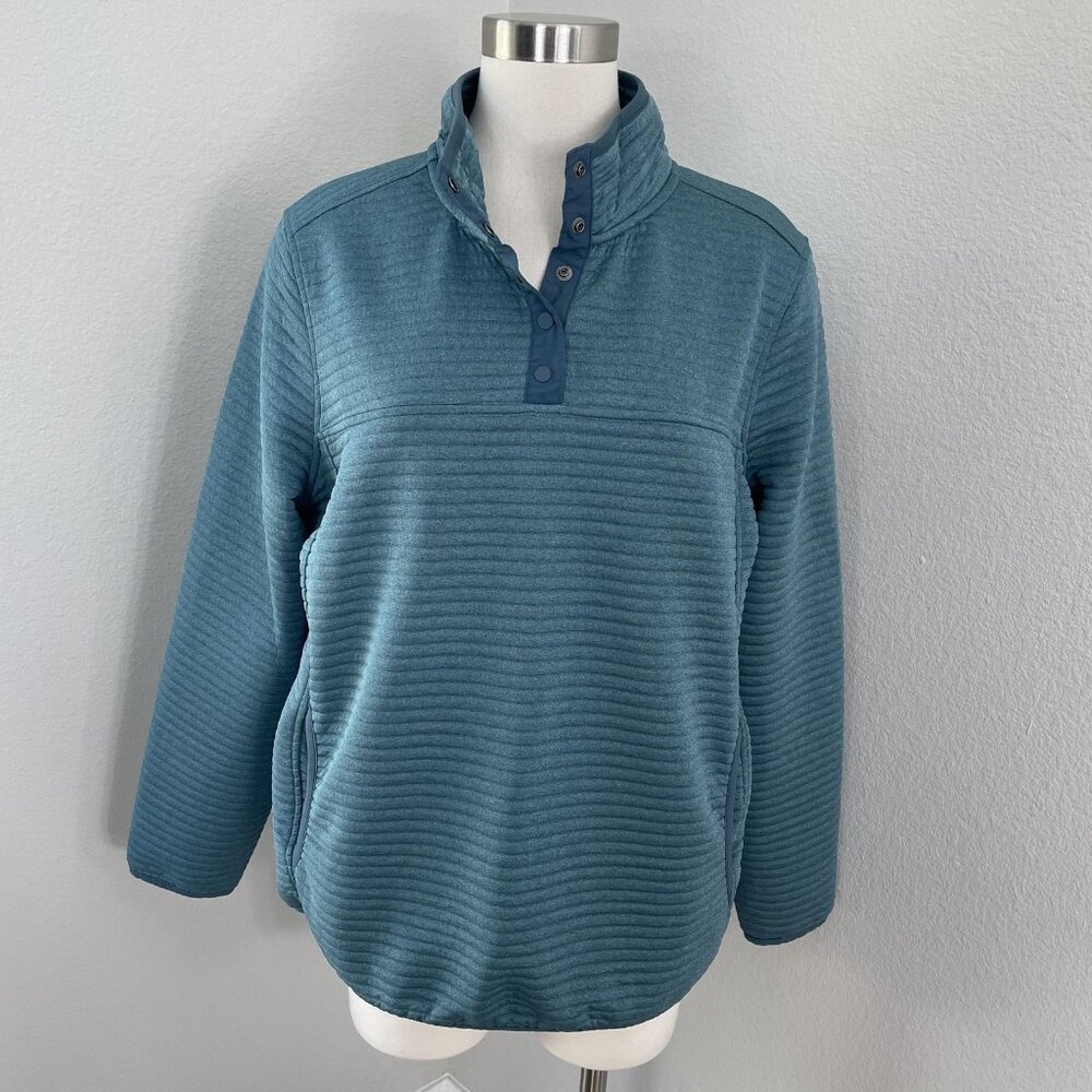 LL Bean‎ Sweater Womens XL Blue Snap Neck Quilted Pullover Pockets Outdoor
